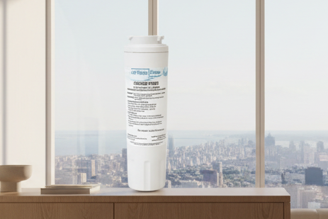 A UKF8001 refrigerator water filter with product information printed on it.